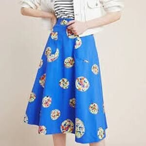 Anthropologie Colloquial Womens 14 Blue Floral Full Midi Skirt Pockets Cotton